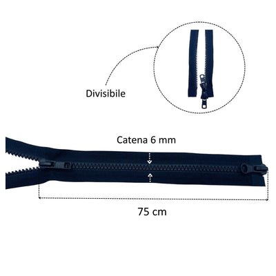 Cerniera lampo combi (2 cursori) carro 75 cm catena plastica 6 mm divisibile articolo 1184/9/75