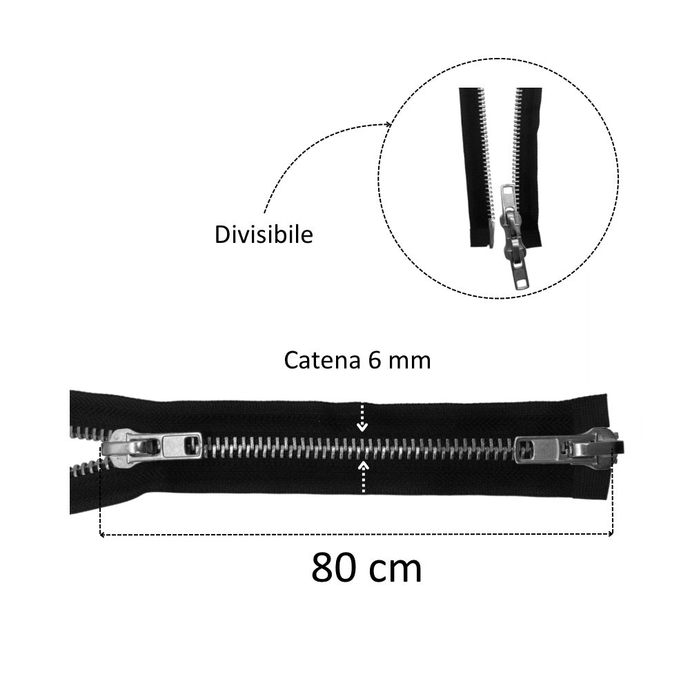Thick nickel silver metal zipper 80 cm combi (2 sliders) 8 mm divisible chain