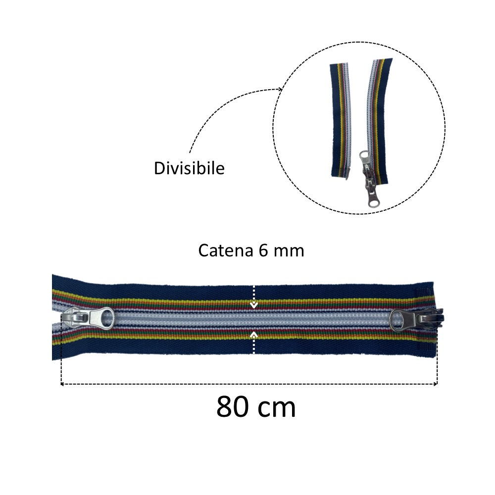 Cerniera lampo multicolor combi (2 cursori) spirale catena 6 mm divisibile cm 80
