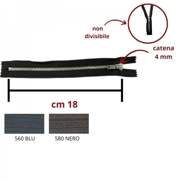 Cerniera lampo metallo alpacca 18 cm catena 4 mm