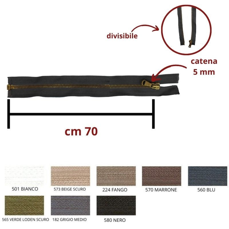 Cerniera lampo metallo ottone vecchio 70 cm divisibile catena 5 mm