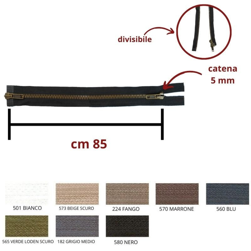 Cerniera lampo metallo ottone vecchio 85 cm combi (2 cursori) catena 5 mm divisibile
