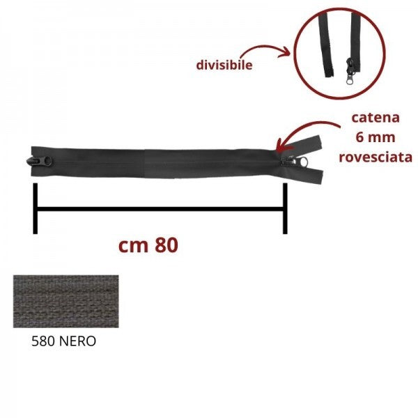 Cerniera lampo rovesciata spalmata divisibile combi (2 cursori) cm 80 catena 6 mm