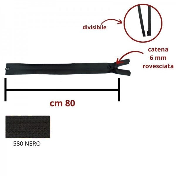 Cerniera lampo rovesciata spalmata divisibile cm 80 catena 6 mm