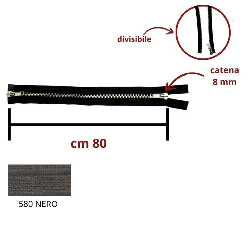 Cerniera lampo spessa metallo alpacca 80 cm combi (2 cursori) catena 8 mm divisibile