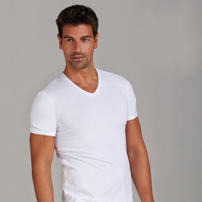 Men's V-neck half-sleeve 100% cotton shirt, item 1011/ White