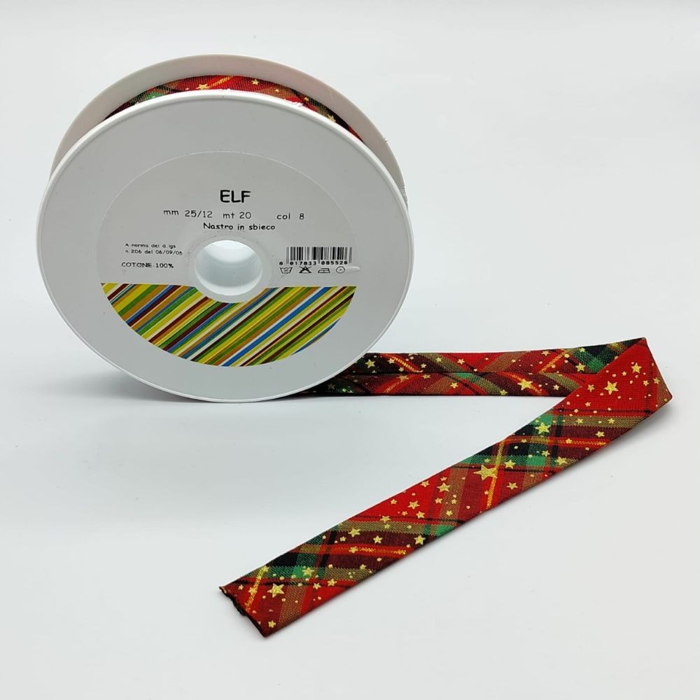 Christmas patterned cotton bias tape, 25 mm wide, 12/12 cm, Elf item, 20 metres