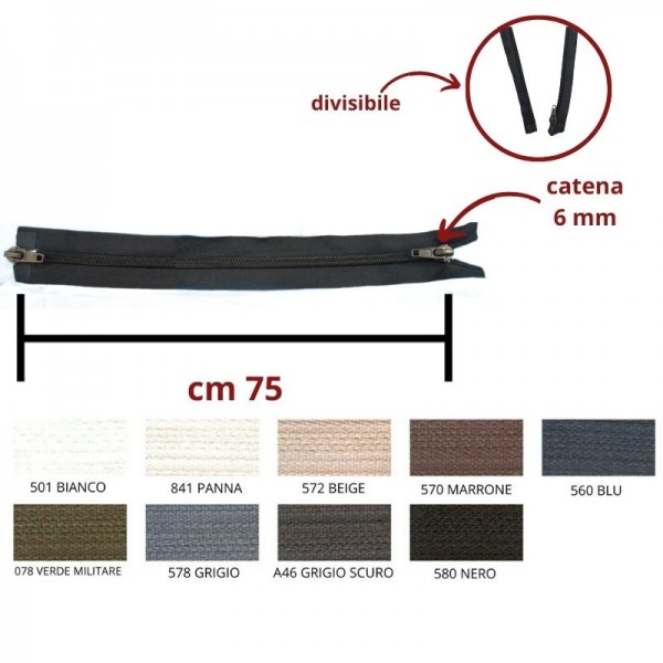 CHIUSURA COMBI (2 CURSORI) 75 CM DIVISIBILE CATENA 6 SPIRALE /