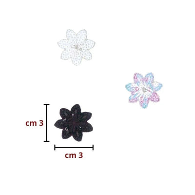 Iron-on application of lurex sequin flowers, item APL00237, 6 pieces