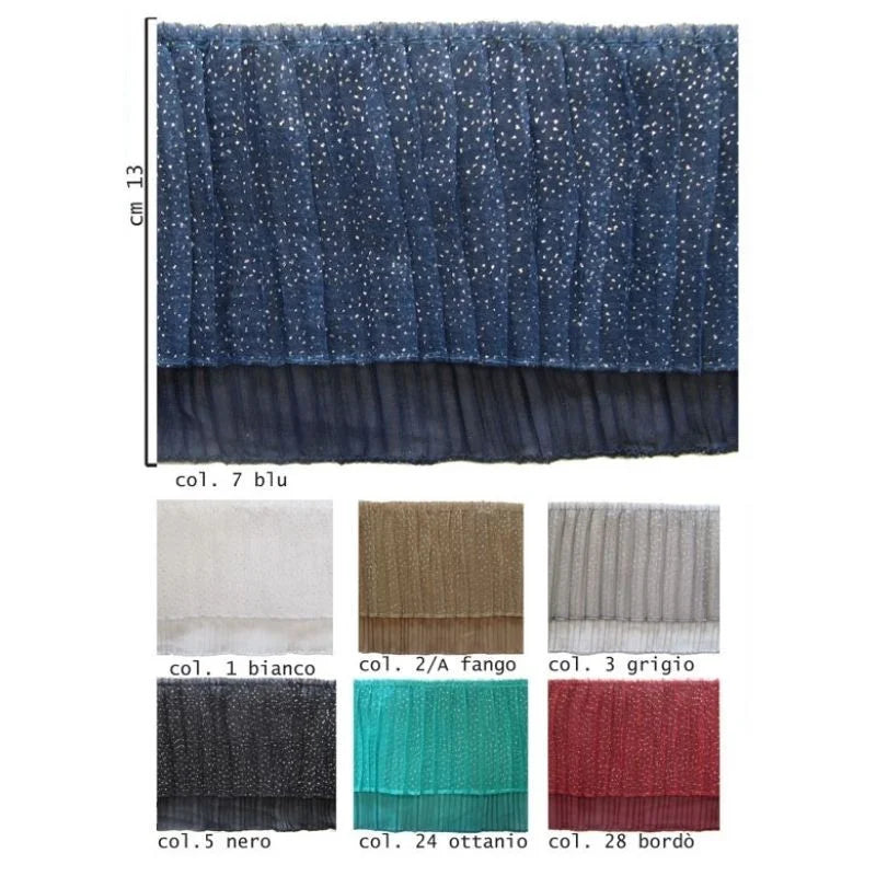 Pleated organza and lurex fashion trimmings, 13 cm high, art. 1869, 9 metres