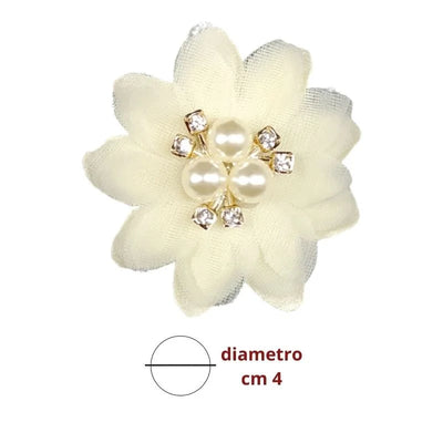 Sew-on applique of a small flower in cotton and organza with beads and rhinestones