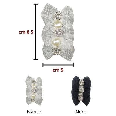 Sew-on application of organza bows with beads and rhinestones