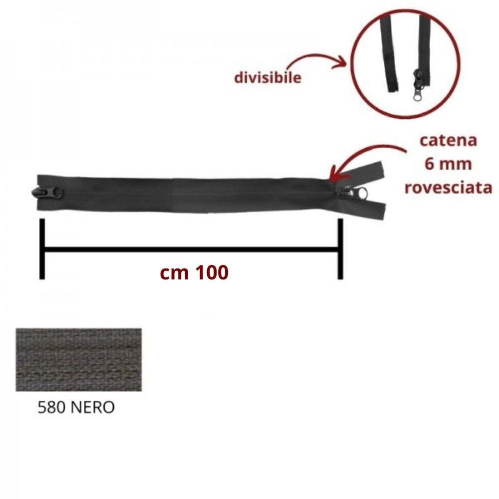 Cerniera lampo rovesciata spalmata divisibile combi (2 cursori) cm 100 catena 6 mm