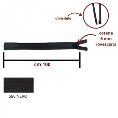 Cerniera lampo rovesciata spalmata divisibile cm 100 catena 6 mm