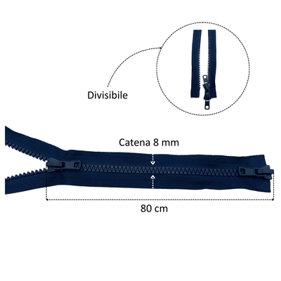 Thick combi carriage zipper (2 sliders) 80 cm divisible plastic chain 8 mm article 1184/10/80