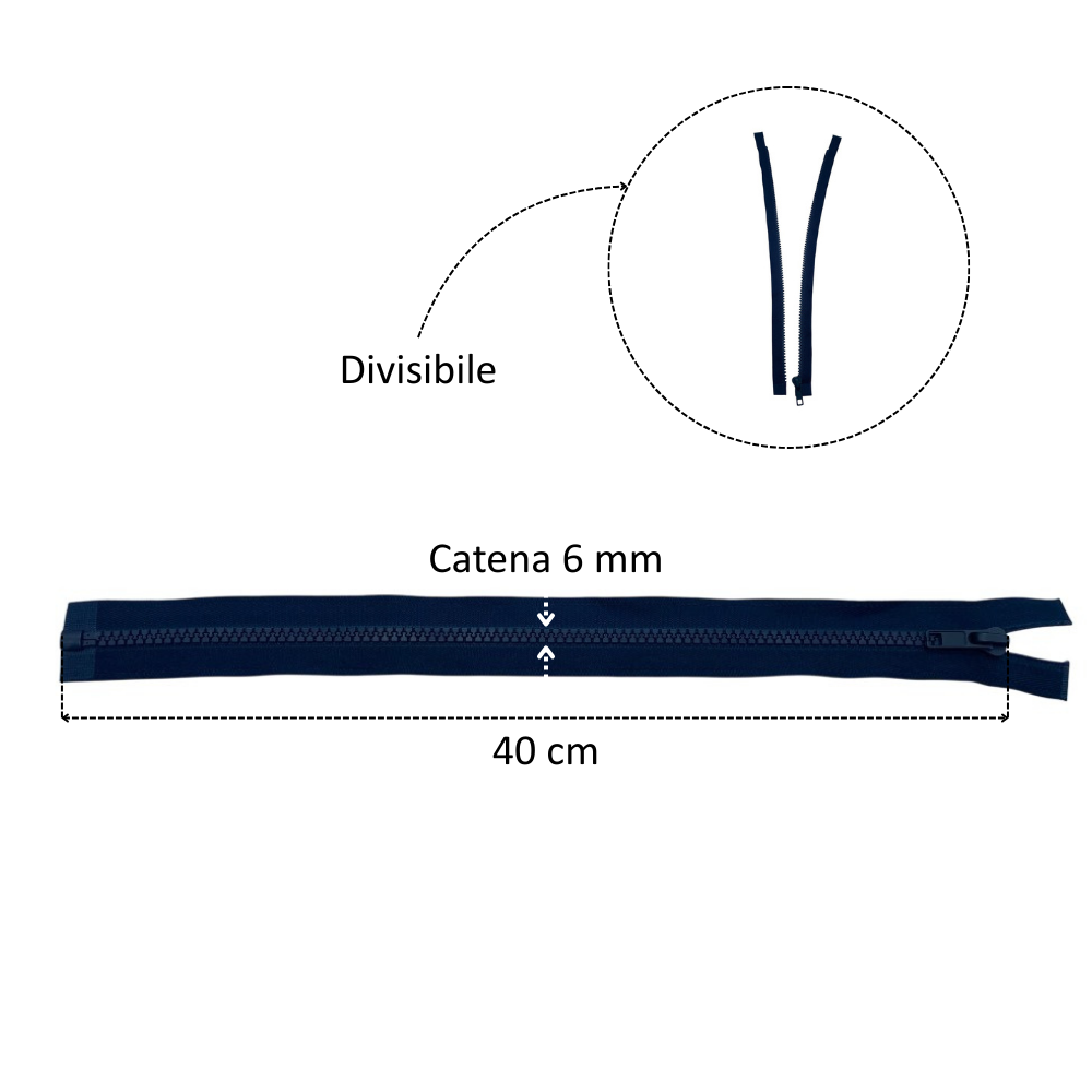 40cm divisible plastic chain zipper, 6mm article 1184/6/40
