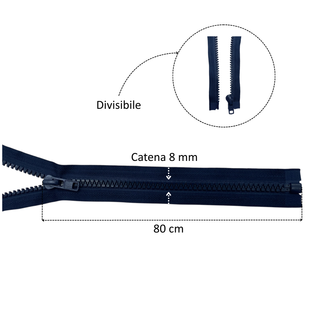 Cerniera lampo spessa carro 80 cm divisibile catena plastica 8 mm articolo 1184/8/80