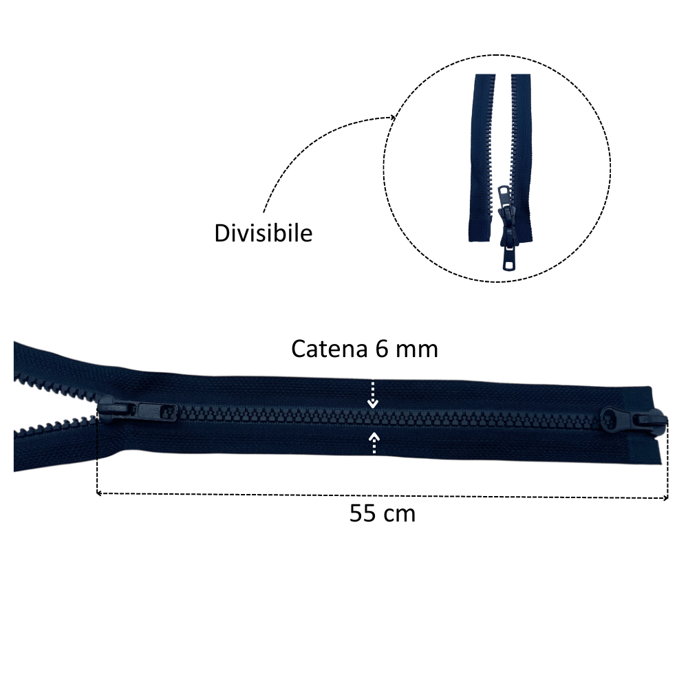 Combi zipper (2 sliders) 55 cm carriage 6 mm divisible plastic chain item 1184/9/55