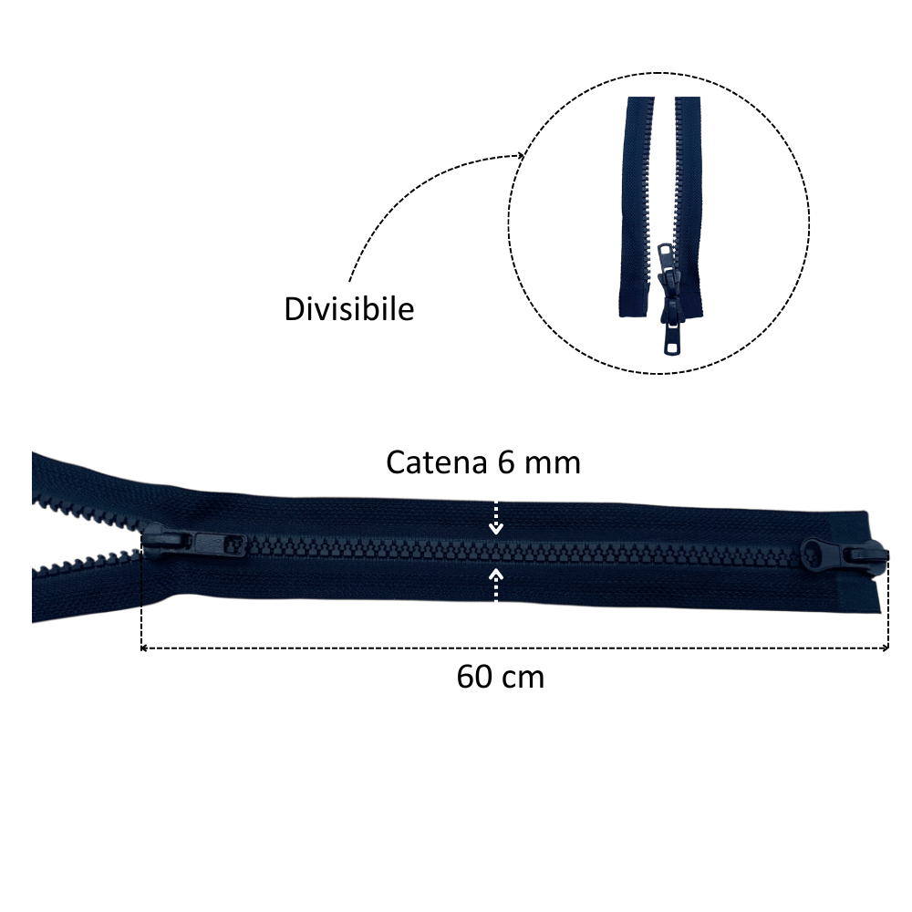 Combi zipper (2 sliders) 60 cm carriage 6 mm divisible plastic chain item 1184/9/60