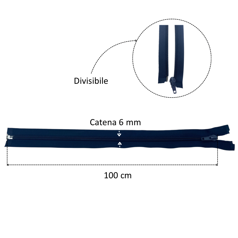 Cerniera lampo spirale catena 6 mm divisibile cm 100 articolo 1185/5/100