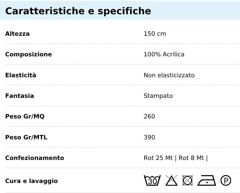 Tabella taglie e colori