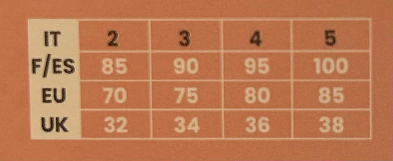 Tabella taglie e colori