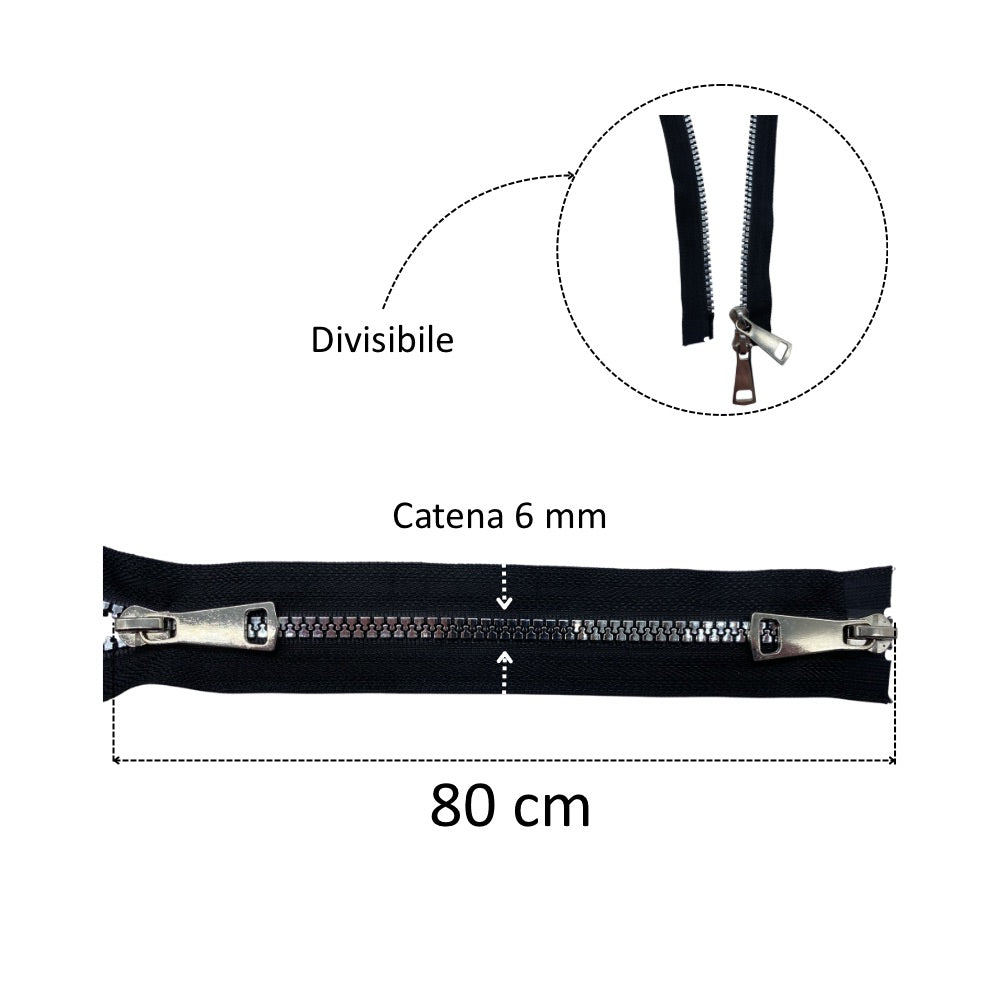 80cm combi metallic laminated zipper (2 sliders) divisible plastic chain 6mm