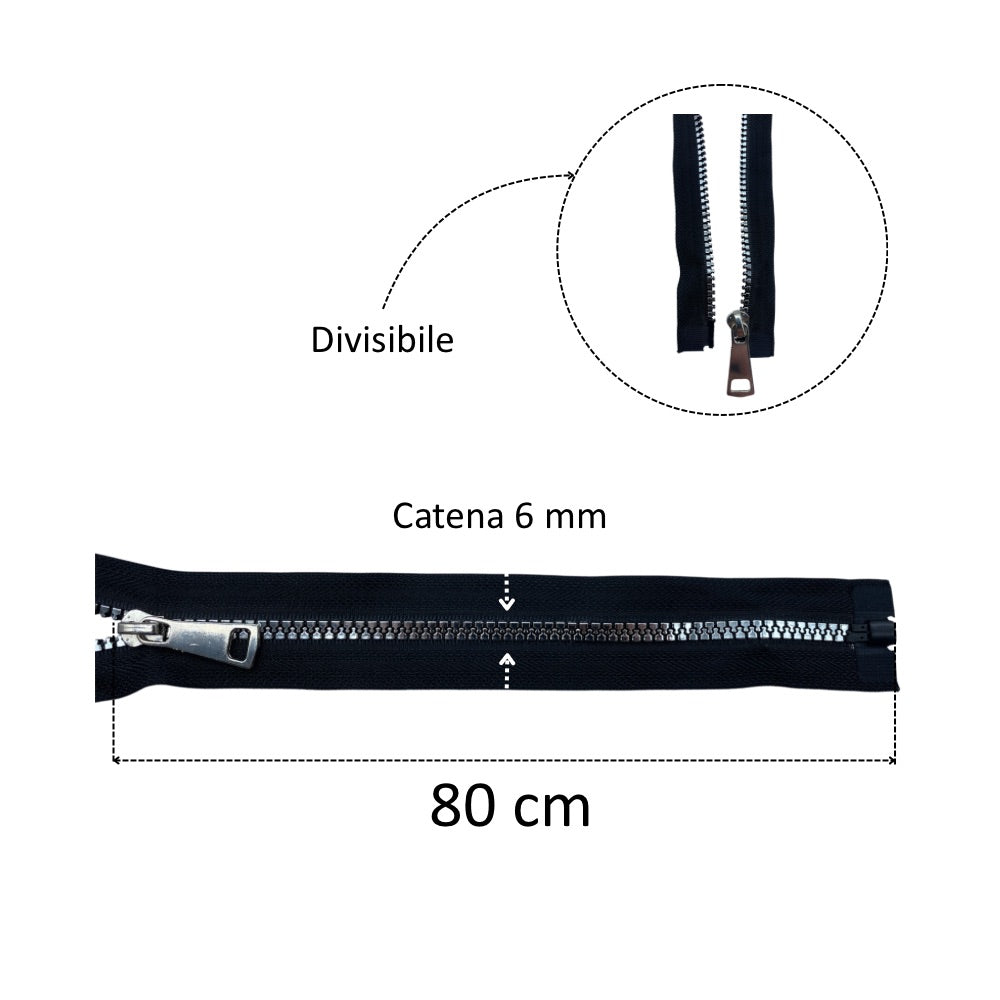 80cm divisible metallic laminated zipper with 6mm plastic chain