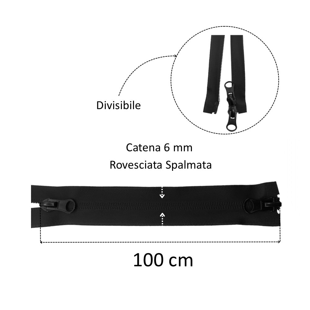 Reversed, coated, divisible, combi zip (2 sliders), 100 cm, 6 mm chain