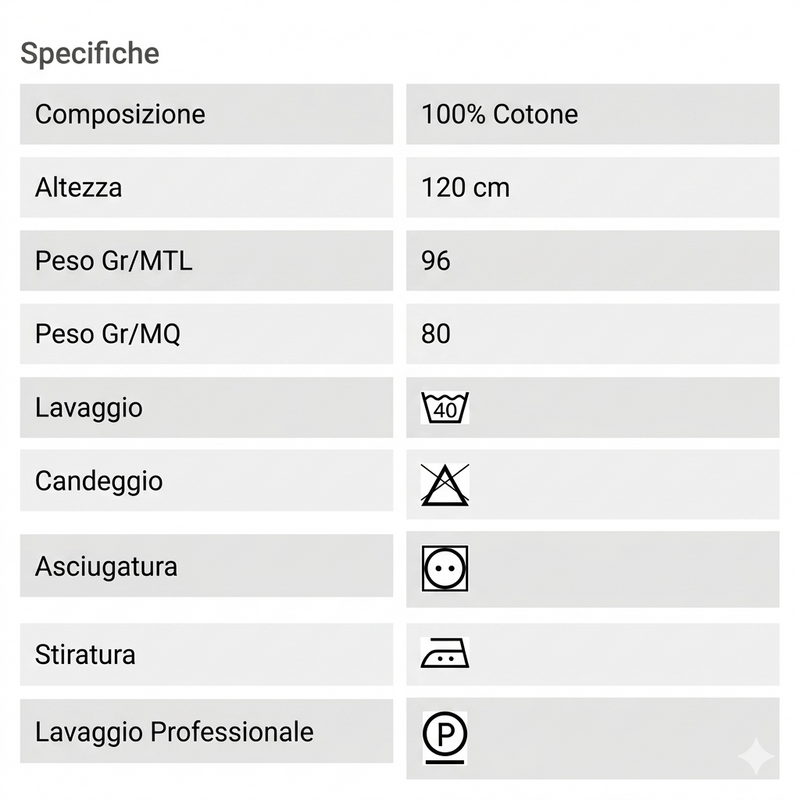 Tabella taglie e colori