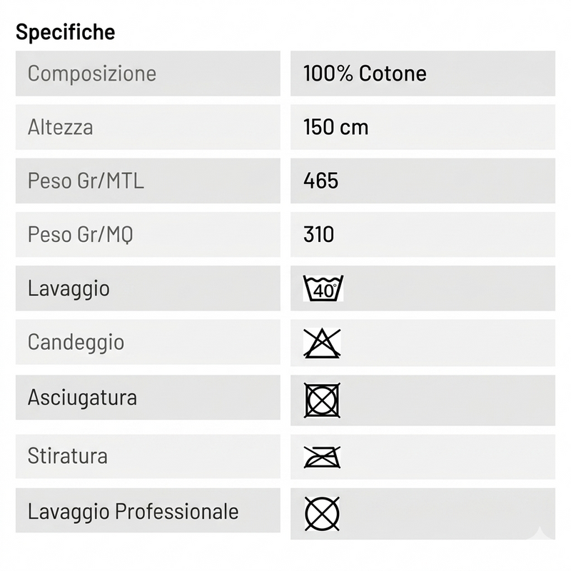 Tabella taglie e colori