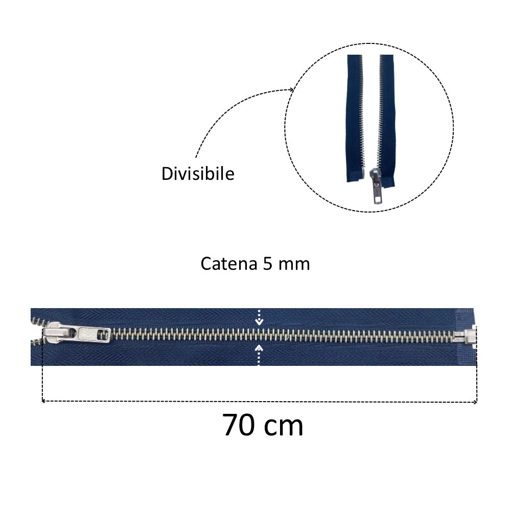 70cm divisible nickel silver metal zipper with 5mm chain