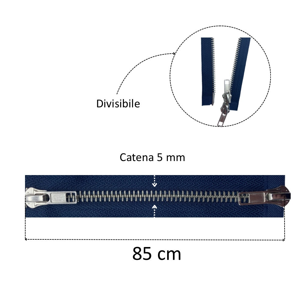 Nickel silver metal zipper 85 cm combi (2 sliders) 5 mm divisible chain