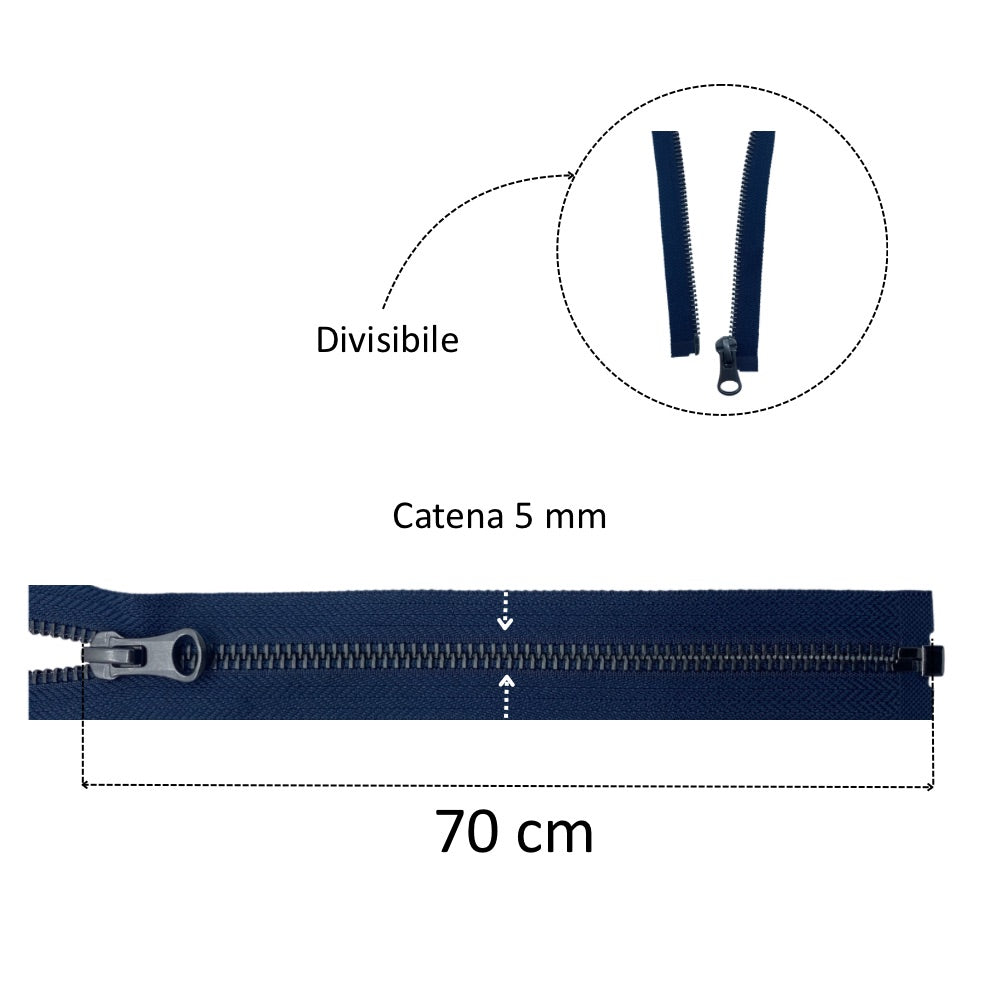 70cm divisible gunmetal metal zipper with 5mm chain