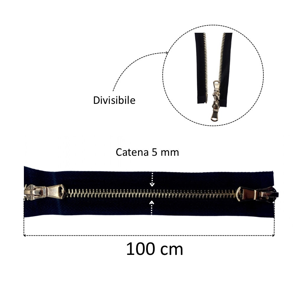 Cerniera lampo metallo lucida cm 100 combi (2 cursori) catena 5 mm divisibile