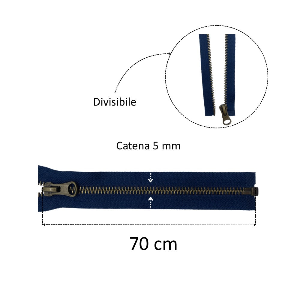 70cm divisible old brass metal zipper with 5mm chain