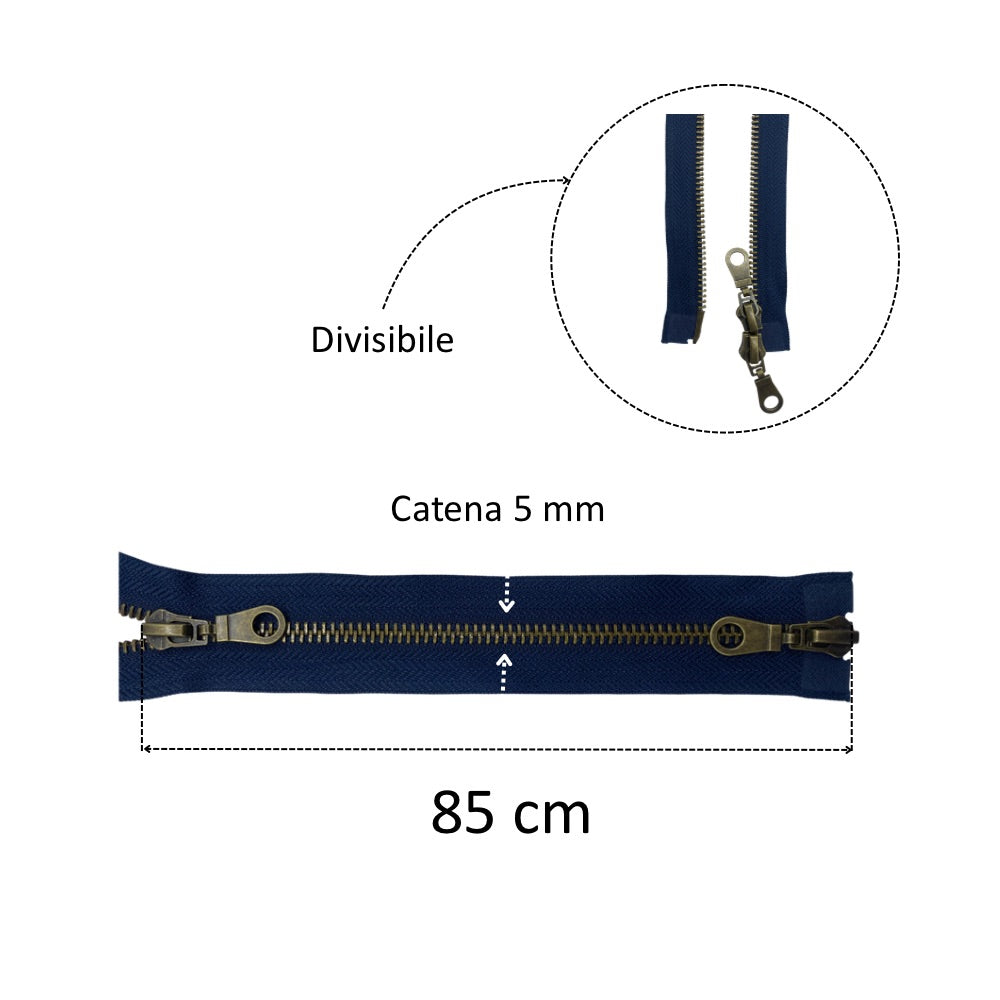 Old brass metal zipper 85 cm combi (2 sliders) 5 mm divisible chain