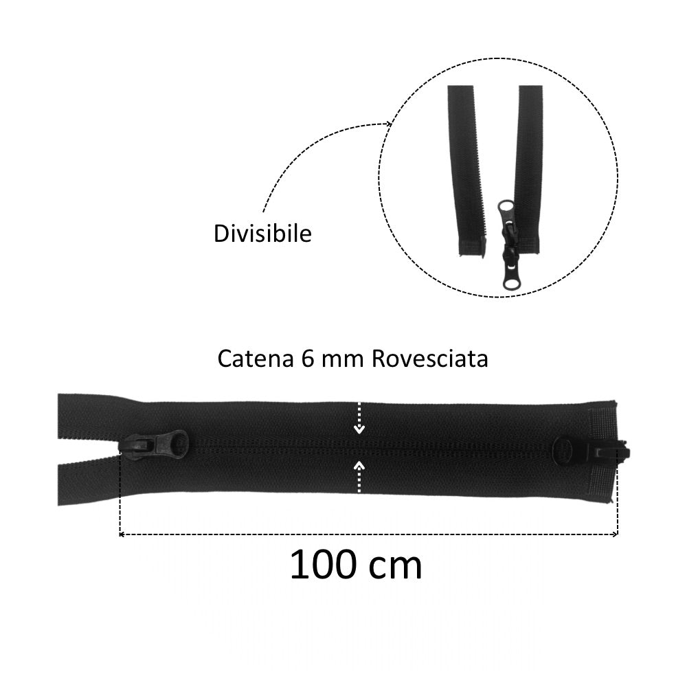 Cerniera lampo rovesciata divisibile combi (2 cursori) cm 100 catena 6 mm