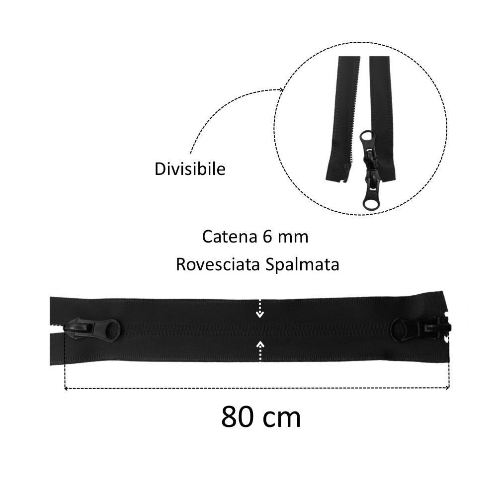 Reversed, coated, divisible, combi zip (2 sliders), 80 cm, 6 mm chain