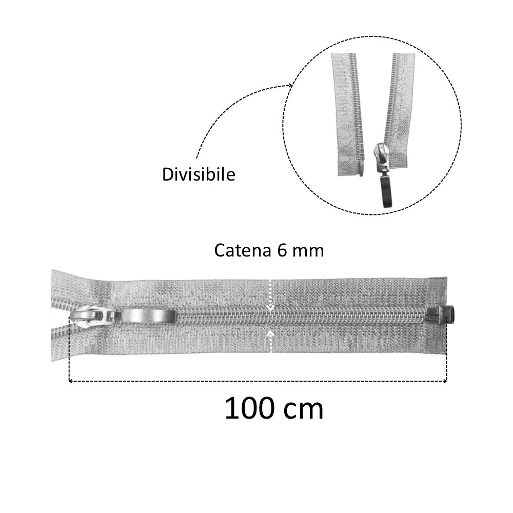 100cm divisible lurex spiral zipper with 6mm chain