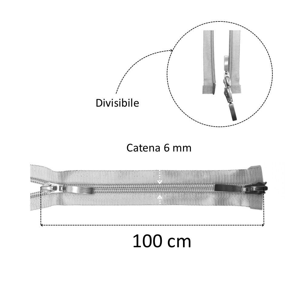 100cm Lurex Spiral Zipper with 2 Sliders, 6mm Chain