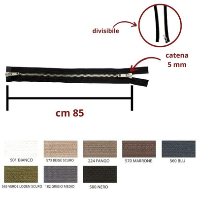 Cerniera lampo metallo alpacca 85 cm combi (2 cursori) catena 5 mm divisibile