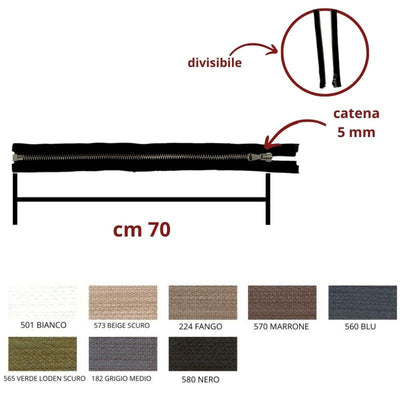 Cerniera lampo metallo canna fucile 70 cm divisibile catena 5 mm