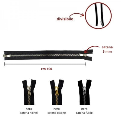 Cerniera lampo metallo lucida cm 100 combi (2 cursori) catena 5 mm divisibile