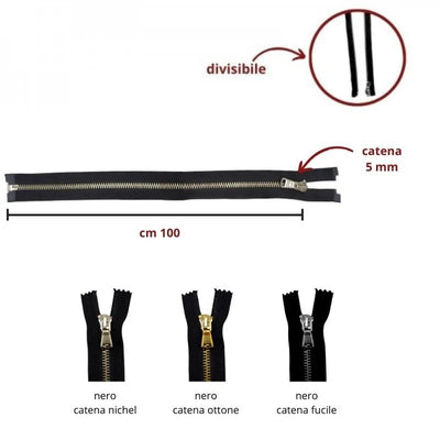 Cerniera lampo metallo lucida cm 100 divisibile catena 5 mm