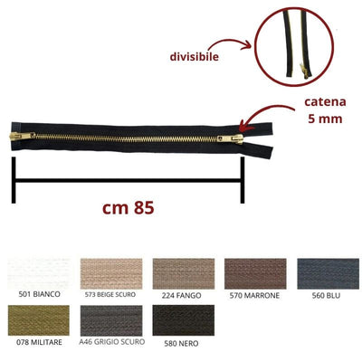 Cerniera lampo metallo ottone 85 cm combi (2 cursori) catena 5 mm divisibile