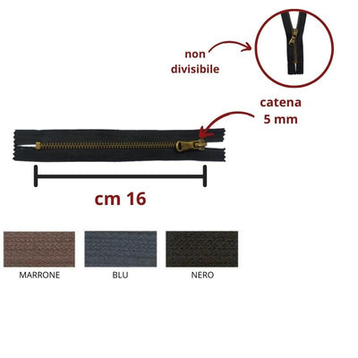 Cerniera lampo metallo ottone vecchio 16 cm catena 5 mm fissa