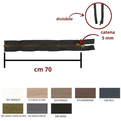 Cerniera lampo metallo ottone vecchio 70 cm divisibile catena 5 mm