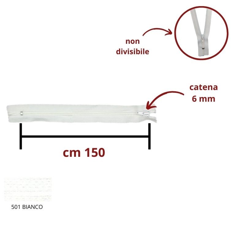 Cerniera lampo non divisibile 150 cm catena 6 mm spirale