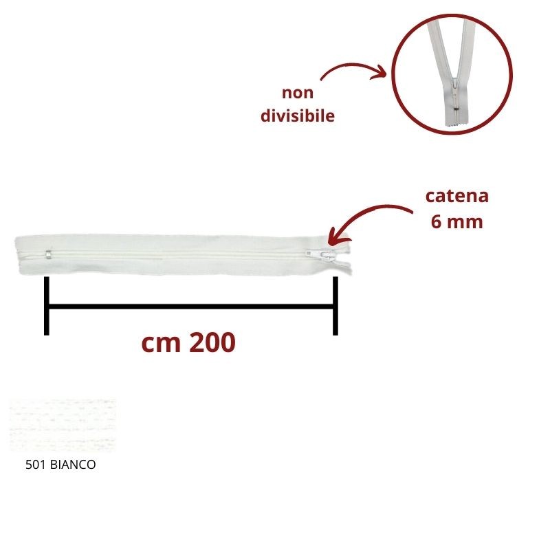 Cerniera lampo non divisibile 200 cm catena 6 mm spirale
